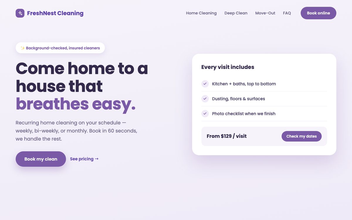 Concept website design — FreshNest Cleaning (sample, not a real client)