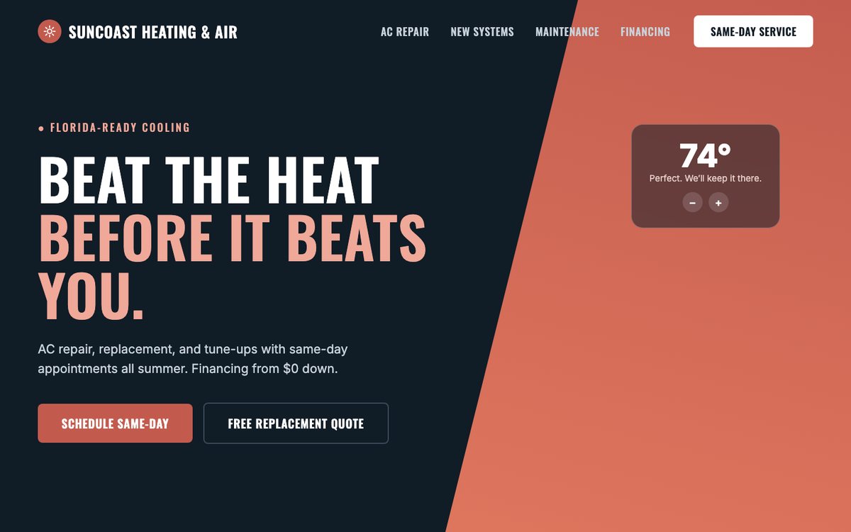 Concept website design — SunCoast Heating & Air (sample, not a real client)